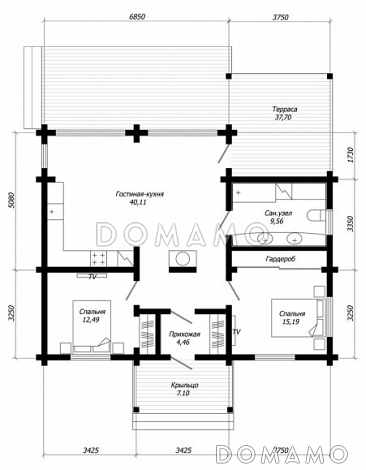 Проект одноэтажного дома из клееного бруса с панорамным остеклением гостиной / План 1 этажа