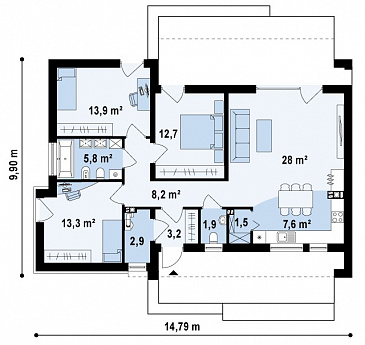 Проект одноэтажного дома из кирпича с плоской крышей с тремя спальнями / План 1 этажа