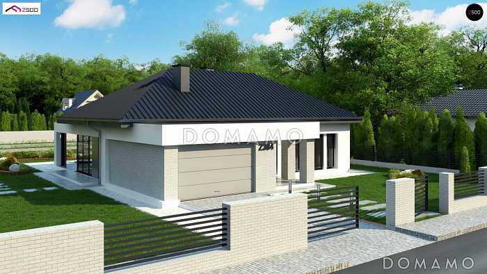 Проект комфортного одноэтажного дома из кирпича с панорамным остеклением обеденной зоны и гаражом