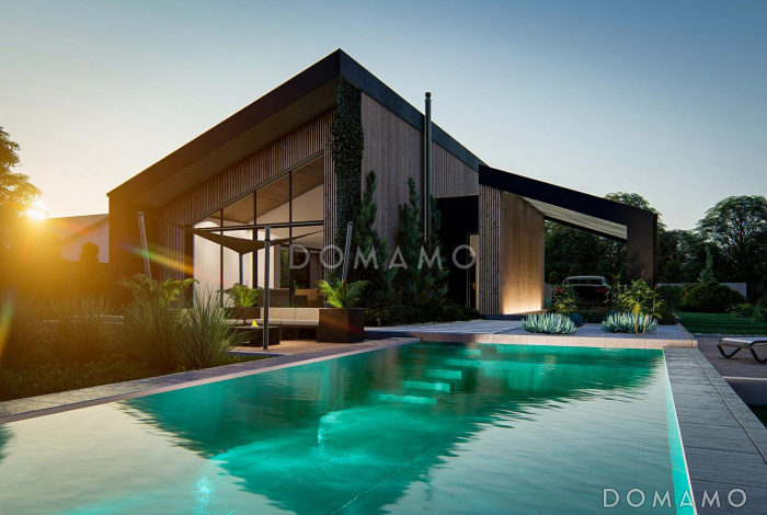 Проект загородного дома с косой крышей, навесом для машины, столовой, гостиной