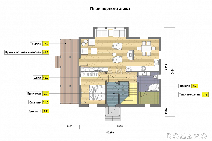Проект каркасного дома в стиле фахверк с сауной на мансардном этаже / План 1 этажа