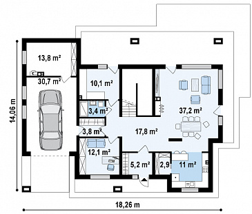 Проект просторного современного двухэтажного дома из газобетона с тремя спальнями, кабинетом, гаражом и сауной / План 1 этажа