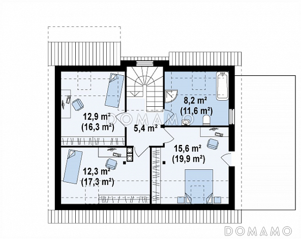 Проект одноэтажного мансардного дома из газобетона с кабинетом, гаражом и террасой над ним / План мансардного этажа