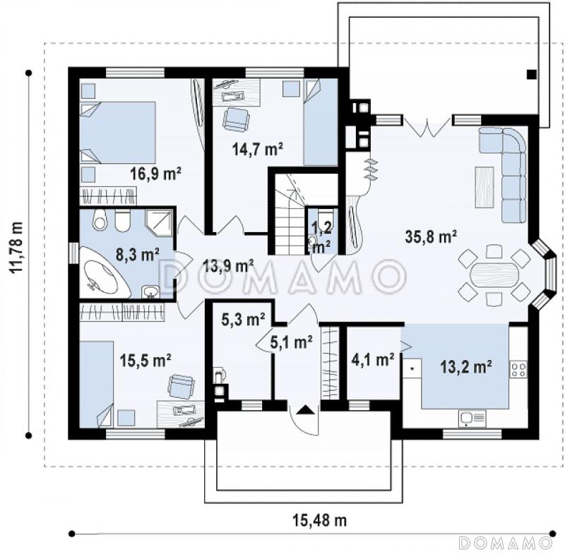 Проект одноэтажного дома из кирпича с мансардой и барбекю на террасе / План 1 этажа