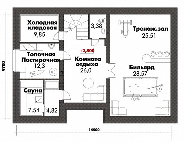 Проект дома с цокольным этажом, бильярдной и тренажерным залом / План цокольного этажа