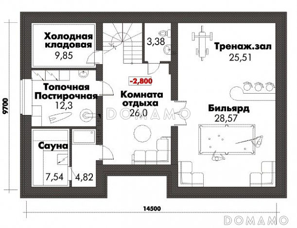Проект дома с цокольным этажом, бильярдной и тренажерным залом / План цокольного этажа