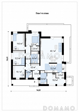 Проект просторного современного одноэтажного дома из газобетона с тремя спальнями, кабинетом / План 1 этажа