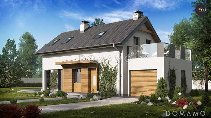 Проект мансардного одноэтажного дома из газобетона с тремя спальнями, гаражом и террасой над ним