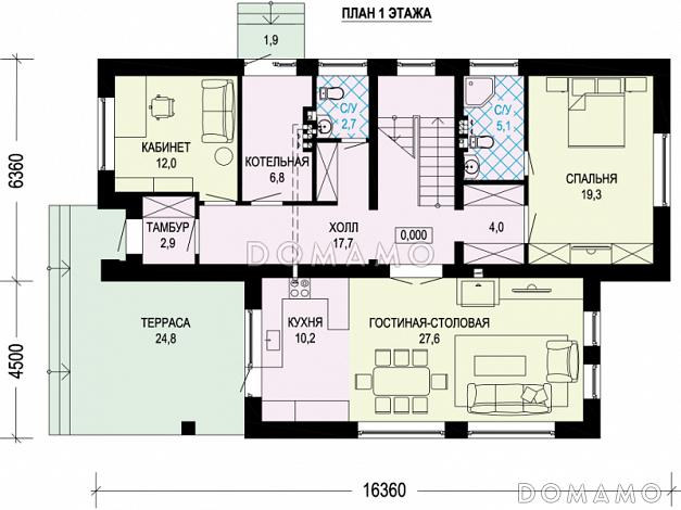 Проект загородного дома с террасой, кабинетом, совмещенной гостиной-столовой / План 1 этажа