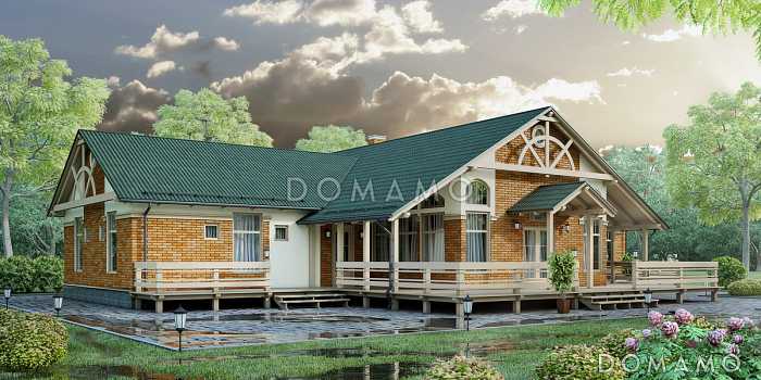 Проект большого одноэтажного дома с обширной террасой и приватной хозяйской территорией