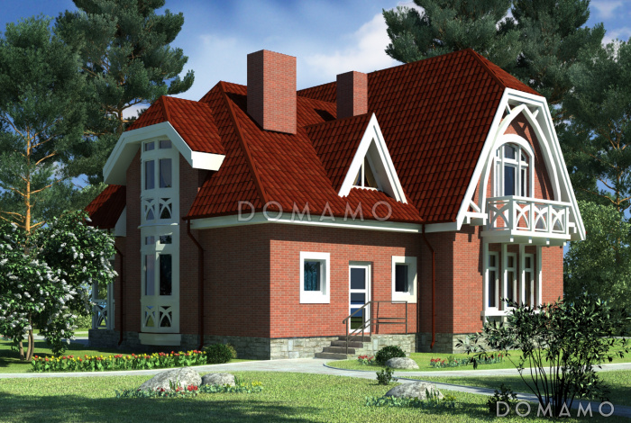 Проект дома одноэтажного дома с мансардным этажом, эркером, балконами в спальне