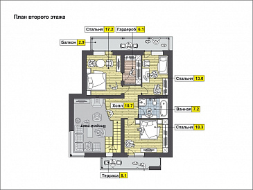 Проект дома с большой открытой террасой, навесом на одну машину, вторым светом, террасой и балконом на мансардном этаже / План мансардного этажа