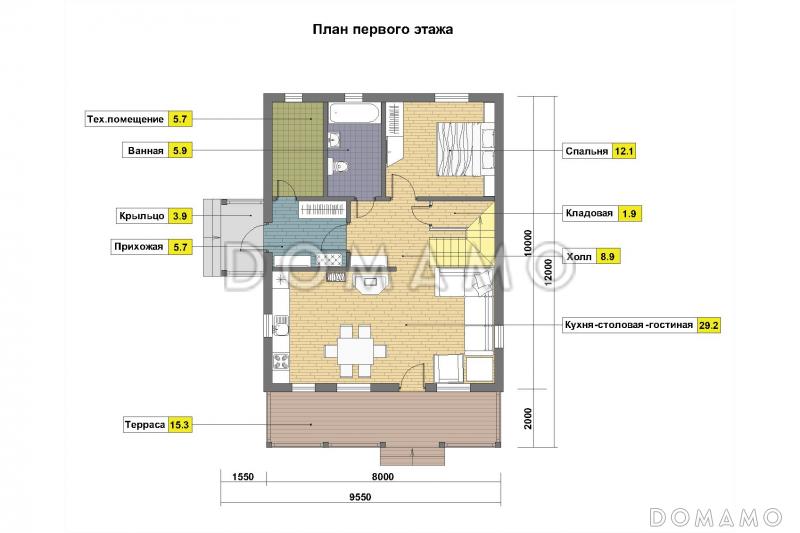 Проект дома из пеноблоков с мансардными окнами / План 1 этажа