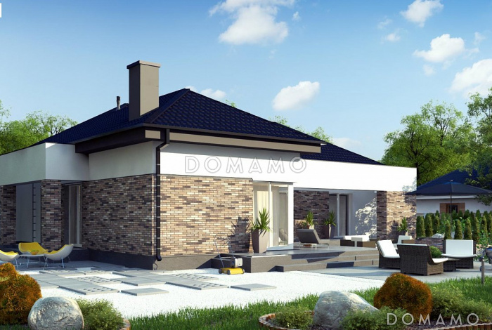 Проект одноэтажного дома из газобетона с тремя спальнями, гаражом на два автомобиля и барбекю на террасе