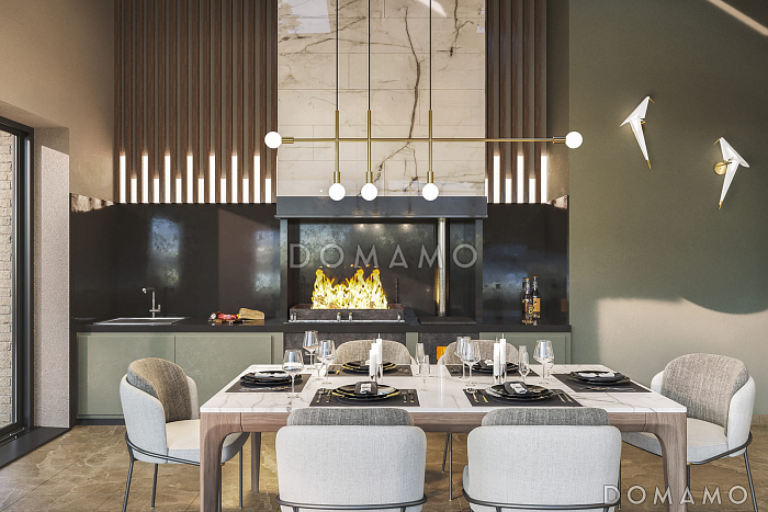 Проект дома с террасами, зоной барбекю, приватной зоной и просторной гостиной-кухней-столовой