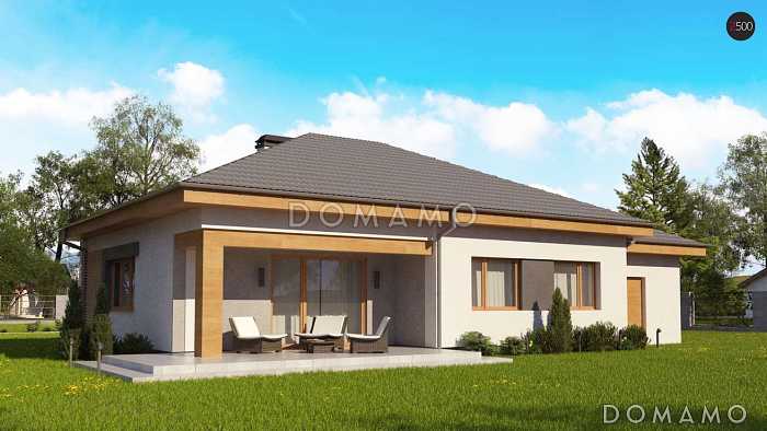 Проект одноэтажного дома из кирпича с тремя спальнями и небольшой крытой угловой террасой, увеличенная версия 273 с гаражом