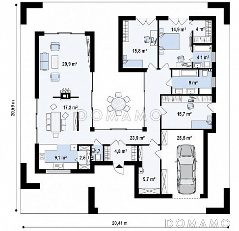 Проект современного одноэтажного дома из кирпича с тремя спальнями, гаражом и внутренним двориком / План 1 этажа