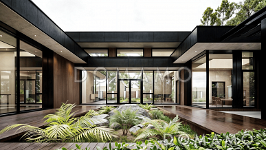 Проект одноэтажного дома с зоной барбекю, сауной и гаражом