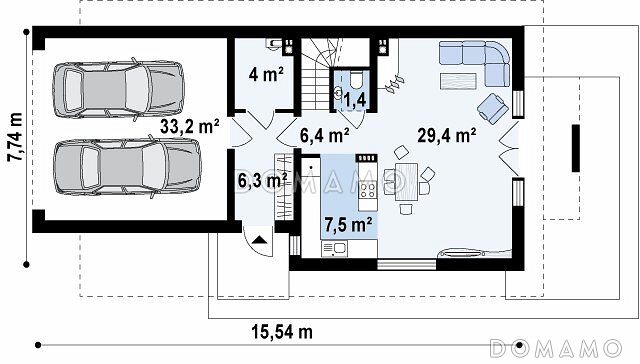 Проект одноэтажного мансардного дома из газобетона с гаражом на два автомобиля для вытянутого участка / План 1 этажа