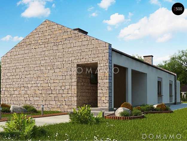 Проект одноэтажного дома необычной планировки из газобетона с двумя спальнями и кабинетом