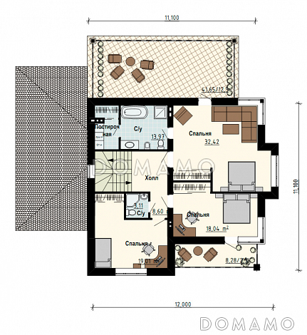 Проект загородного дома с гаражом, функциональной прихожей, просторной столовой зоной, зимнем садом / План 2 этажа