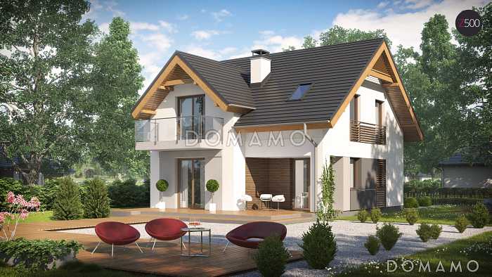 Проект небольшого одноэтажного дома из кирпича с тремя спальнями на мансардном этаже и балконом