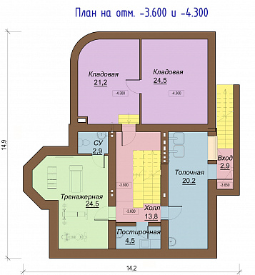 Проект двухэтажного коттеджа с цоколем, с двумя эркерами, балконом и двумя террасами / План цокольного этажа