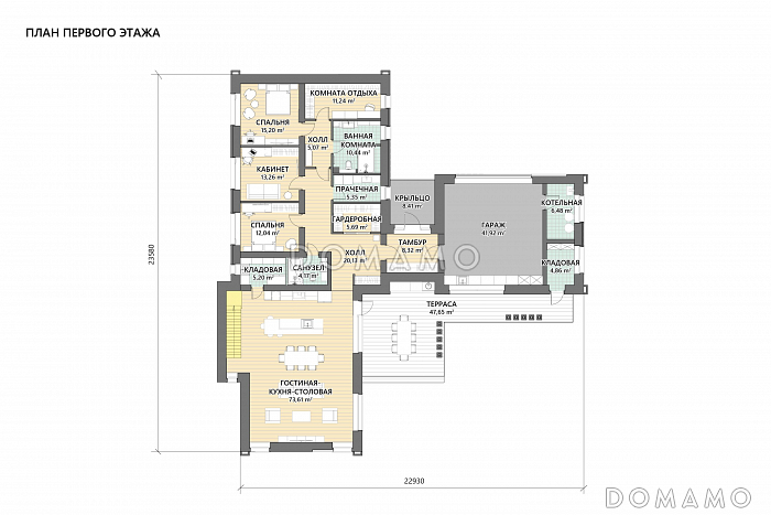 Проект кирпичного дома в стиле хай-тек с эксплуатируемой кровлей, вторым светом и просторной террасой / План 1 этажа