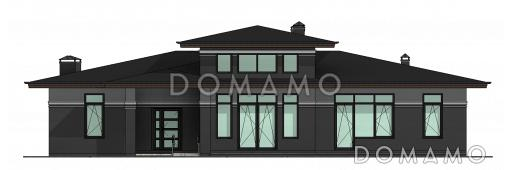 Проект одноэтажного дома с двумя террасами, кухней и гостиной в центральной части дома, сауной / Фасад 1