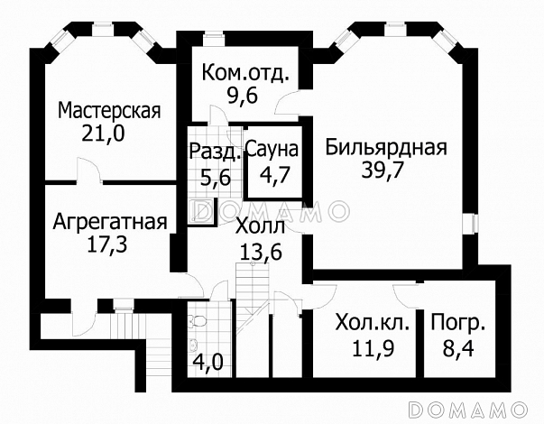 Проект коттеджа с девятью комнатами / План цокольного этажа