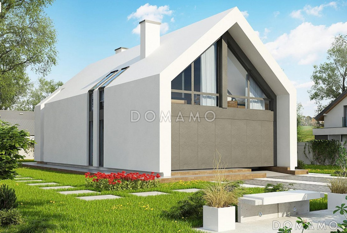 Проект одноэтажного мансардного дома из кирпича с балконом и современными элементами экстерьера и встроенным гаражом