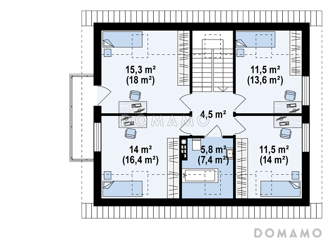 Проект одноэтажного дома из газобетона с оригинальной открытой террасой по периметру и с жилой мансардой / План мансардного этажа