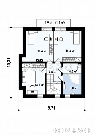 Проект небольшого одноэтажного мансардного дома из газобетона с тремя спальнями и просторной гостиной / План мансардного этажа