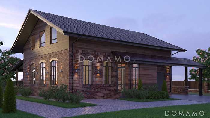 Проект яркого классического дома с мансардой, террасой, гаражом и навесом для автомобиля