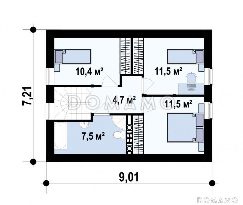 Проект загородного дома с террасой, санузлом с окном, спальней на первом этаже / План мансардного этажа