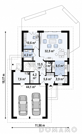 Проект дома с гаражом, постирочной, слуховыми и мансардными окнами в мансарде / План 1 этажа