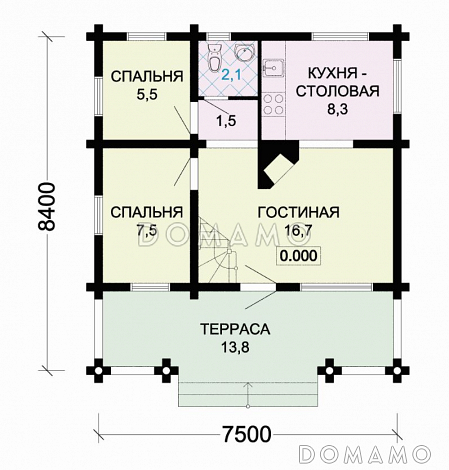 Проект небольшого деревянного дома с камином и лоджией  / План 1 этажа
