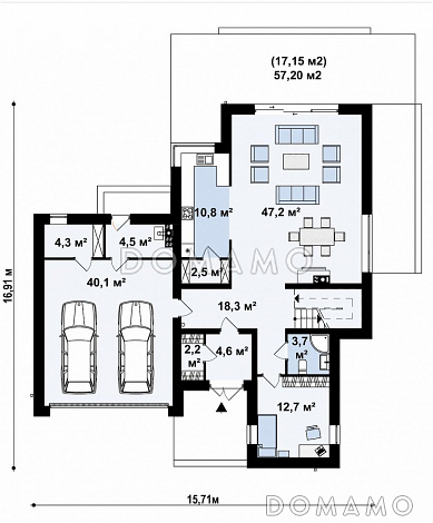 Проект просторного современного двухэтажного дома из газобетона с плоской крышей,  с четырьмя спальнями, гаражом и террасами на обоих этажах / План 1 этажа