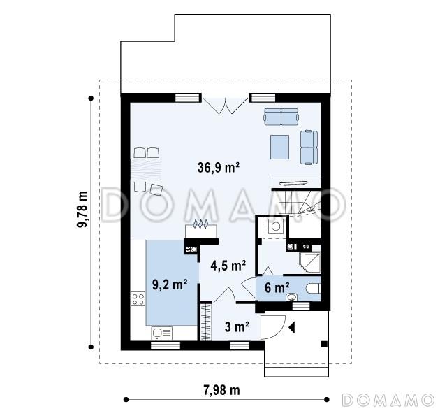 Проект простого одноэтажного мансардного дома из кирпича с тремя спальнями / План 1 этажа