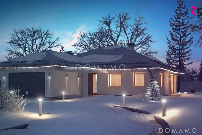 Проект одноэтажного дома из кирпича с окнами до пола в дневной и ночной зоне и с большим гаражом и техническим помещением