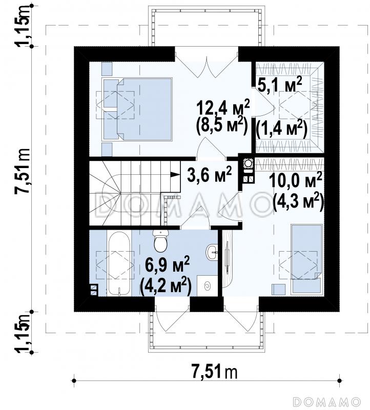 Проект компактного одноэтажного мансардного дома из кирпича с двумя спальнями для строительства на небольшом участке / План мансардного этажа