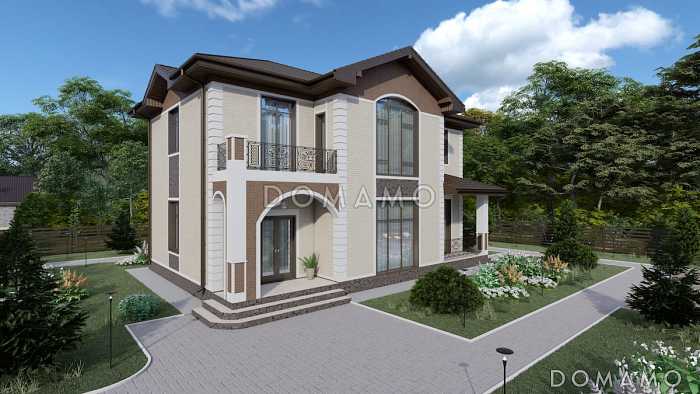 Проект двухэтажного дома с большой гостиной, 4 спальнями, террасой и балконом