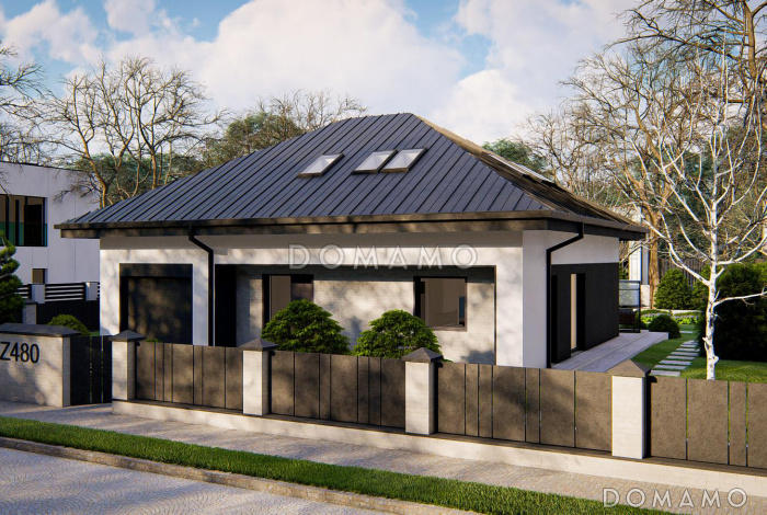 Проект традиционного загородного дома с мансардой, гаражом на одну машину, кладовой на кухне