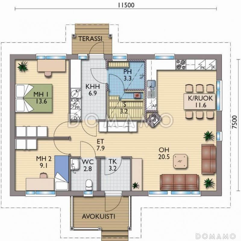 Проект одноэтажного каркасного дома с двумя спальнями / План 1 этажа