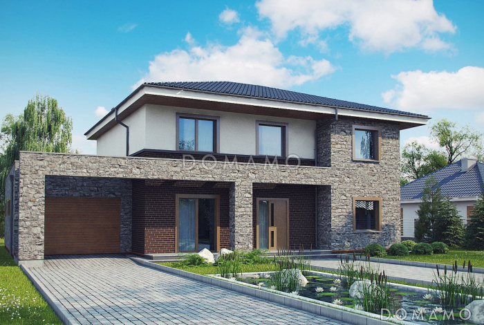 Проект загородного дома с подвалом, гаражом, двумя спальнями на первом этаже, мастер-спальней на втором этаже