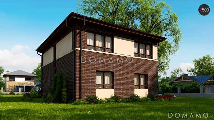 Проект современного двухэтажного дома из кирпича с четырьмя спальнями и кабинетом, без гаража