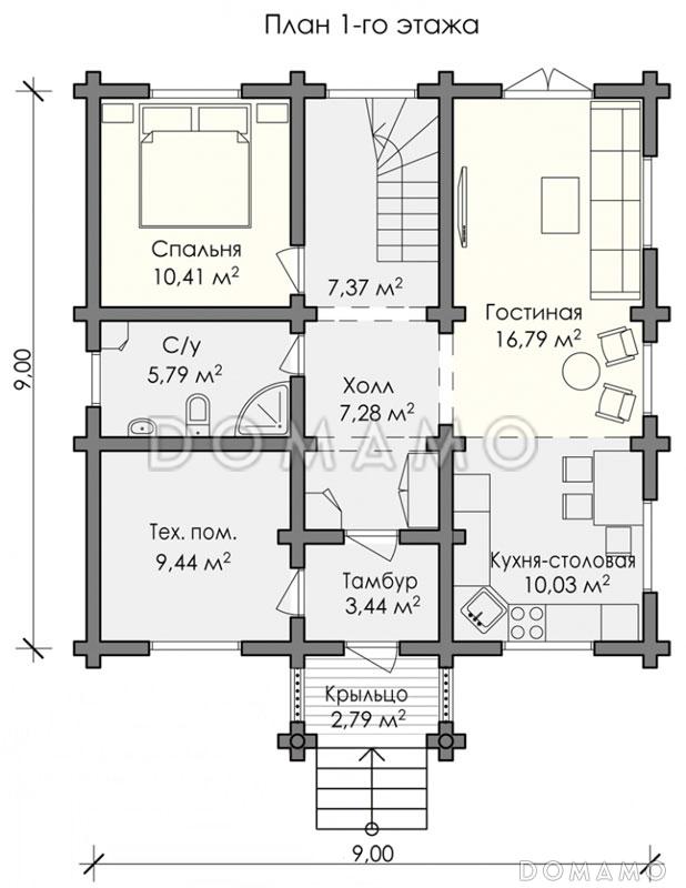 Проект деревянного дома стандартной планировки / План 1 этажа