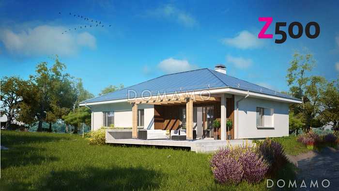 Проект практичного одноэтажного дома из кирпича с двумя частично крытыми террасами