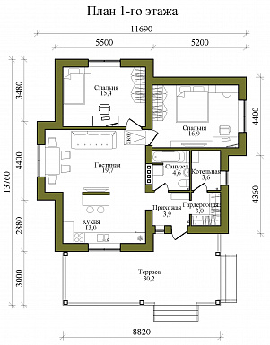 Проект одноэтажного газобетонного дома с двумя спальнями и просторной террасой / План 1 этажа