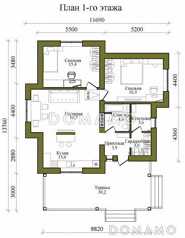 Проект одноэтажного газобетонного дома с двумя спальнями и просторной террасой / План 1 этажа